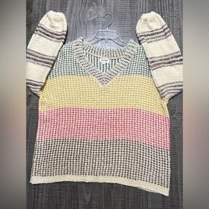 ADORA Women's V-Neck Sweater with Pink, Yellow, and Cream Stripes